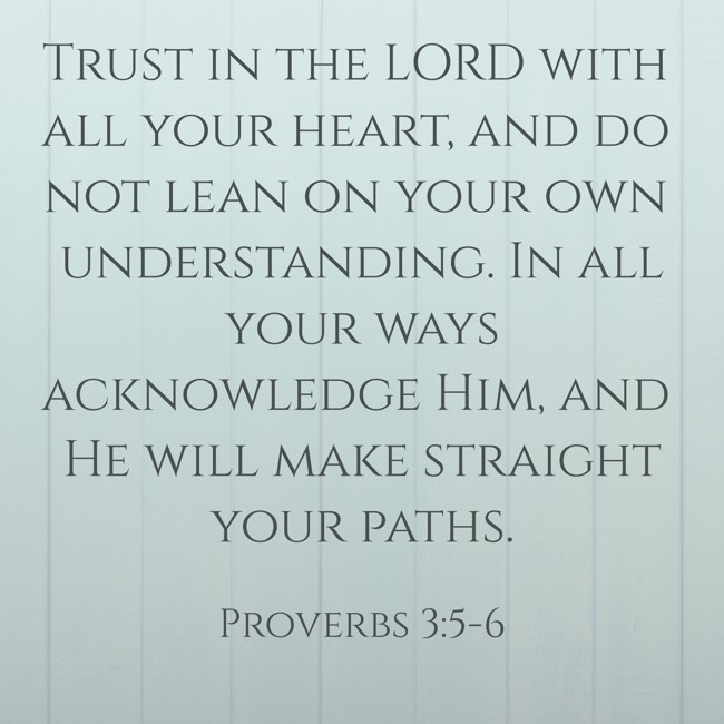 Trust in the LORD with all your heart, and do not lean on your own understanding. In all your ways acknowledge Him, and He will make straight your paths. - Proverbs 3:5-6