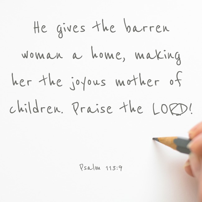 He gives the barren woman a home, making her the joyous mother of children. Praise the LORD! - Psalm 113:9