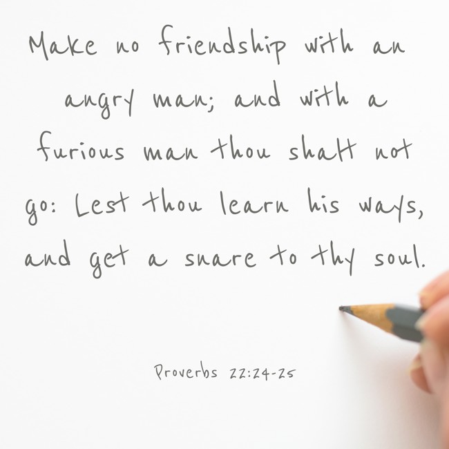 Make no friendship with an angry man; and with a furious man thou shalt not go: Lest thou learn his ways, and get a snare to thy soul. - Proverbs 22:24-25