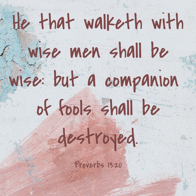 He that walketh with wise men shall be wise: but a companion of fools shall be destroyed. - Proverbs 13:20