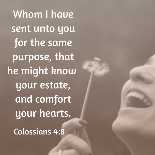 Whom I have sent unto you for the same purpose, that he might know your estate, and comfort your hearts. - Colossians 4:8