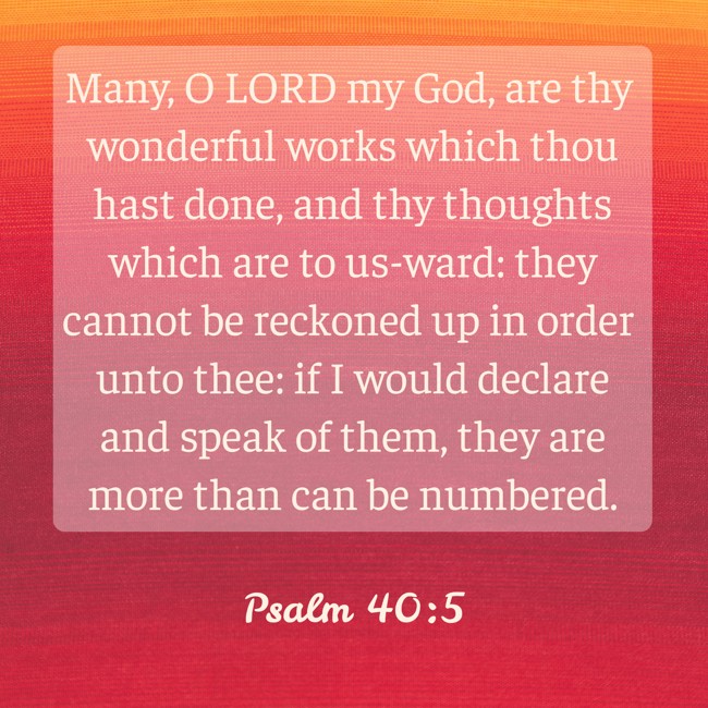 Many, O LORD my God, are thy wonderful works which thou hast done, and thy thoughts which are to us-ward: they cannot be reckoned up in order unto thee: if I would declare and speak of them, they are more than can be numbered. - Psalm 40:5