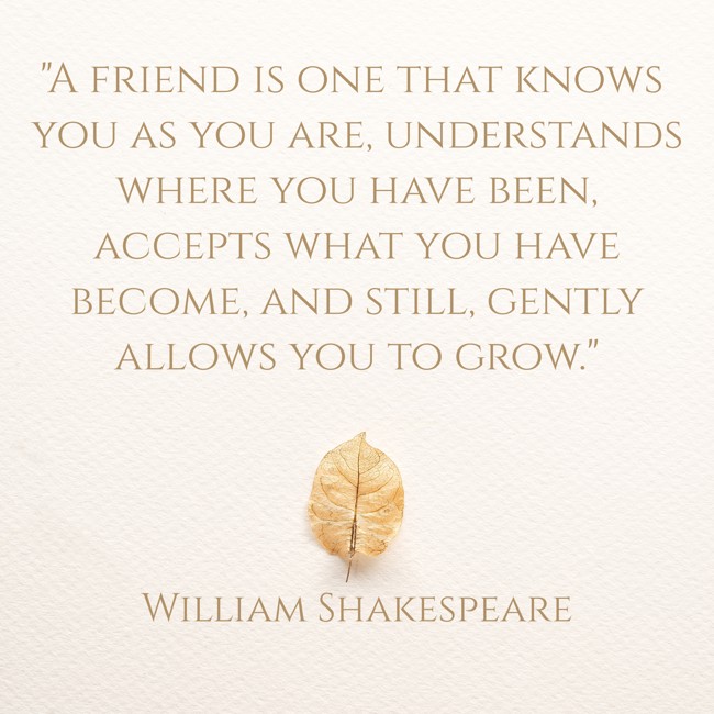 A friend is one that knows you as you are, understands where you have been, accepts what you have become, and still, gently allows you to grow. - William Shakespeare
