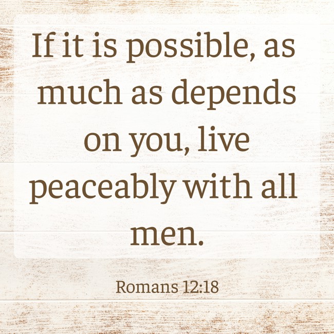 If it is possible, as much as depends on you, live peaceably with all men. - Romans 12:18