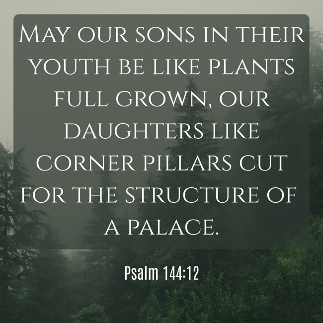 May our sons in their youth be like plants full grown, our daughters like corner pillars cut for the structure of a palace. - Psalm 144:12