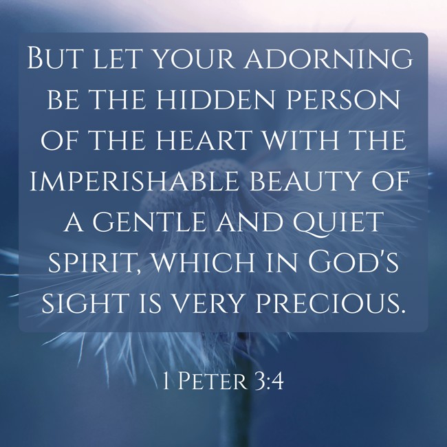But let your adorning be the hidden person of the heart with the imperishable beauty of a gentle and quiet spirit, which in God's sight is very precious. - 1 Peter 3:4