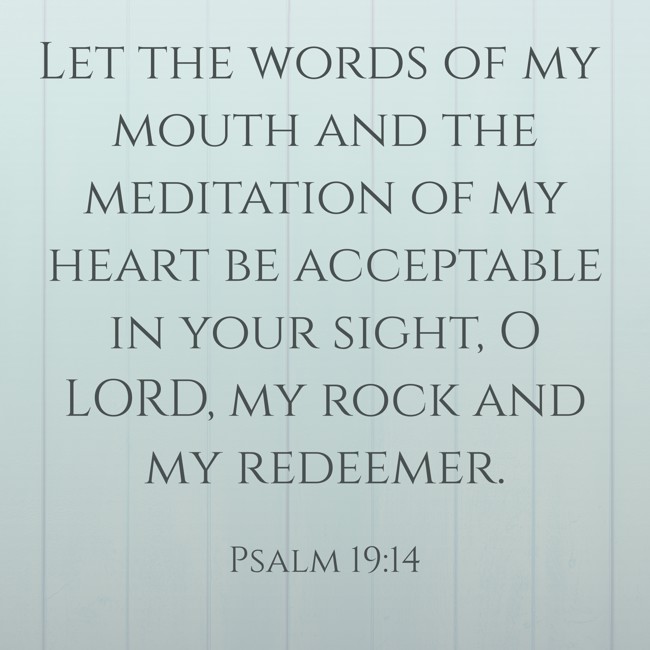 Let the words of my mouth and the meditation of my heart be acceptable in your sight, O LORD, my rock and my redeemer. - Psalm 19:14
