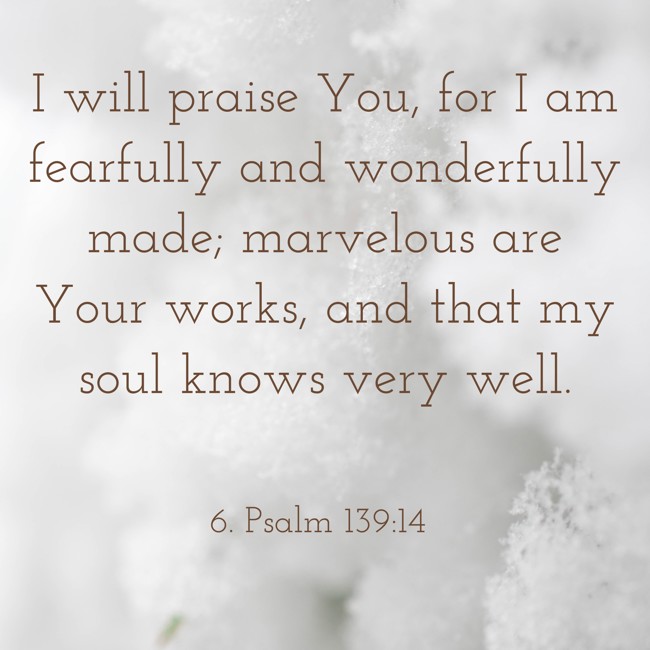 I will praise You, for I am fearfully and wonderfully made; marvelous are Your works, and that my soul knows very well. - 6. Psalm 139:14