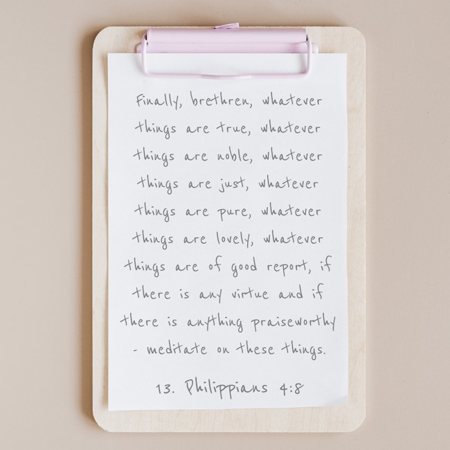 Finally, brethren, whatever things are true, whatever things are noble, whatever things are just, whatever things are pure, whatever things are lovely, whatever things are of good report, if there is any virtue and if there is anything praiseworthy - meditate on these things. - 13. Philippians 4:8