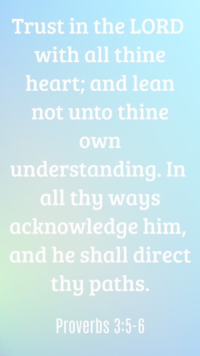 Trust in the LORD with all thine heart; and lean not unto thine own understanding. In all thy ways acknowledge him, and he shall direct thy paths. - Proverbs 3:5-6