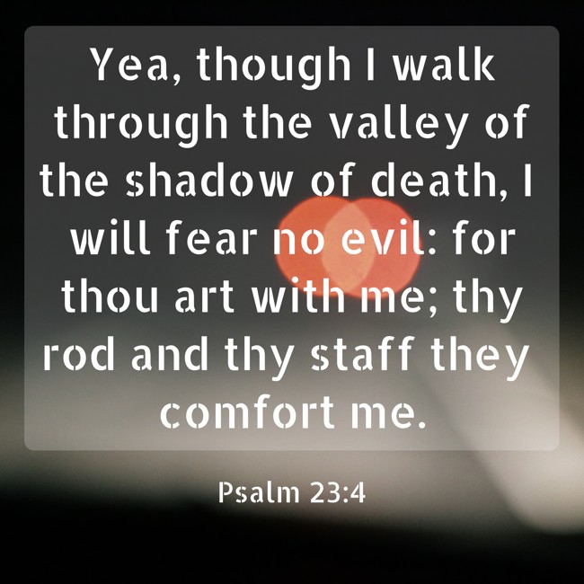 Yea, though I walk through the valley of the shadow of death, I will fear no evil: for thou art with me; thy rod and thy staff they comfort me. - Psalm 23:4