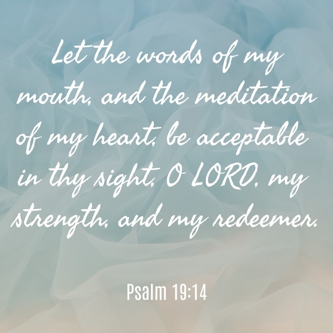 Let the words of my mouth, and the meditation of my heart, be acceptable in thy sight, O LORD, my strength, and my redeemer. - Psalm 19:14