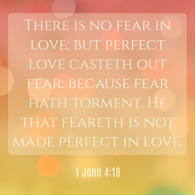 There is no fear in love; but perfect love casteth out fear: because fear hath torment. He that feareth is not made perfect in love. - 1 John 4:18