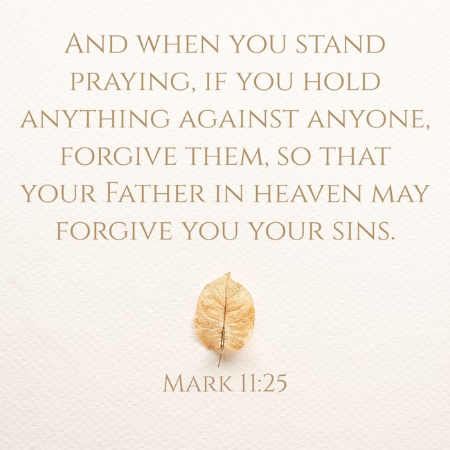 And when you stand praying, if you hold anything against anyone, forgive them, so that your Father in heaven may forgive you your sins. - Mark 11:25
