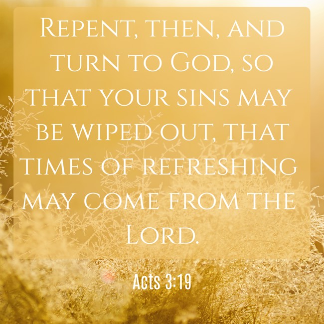 Repent, then, and turn to God, so that your sins may be wiped out, that times of refreshing may come from the Lord. - Acts 3:19