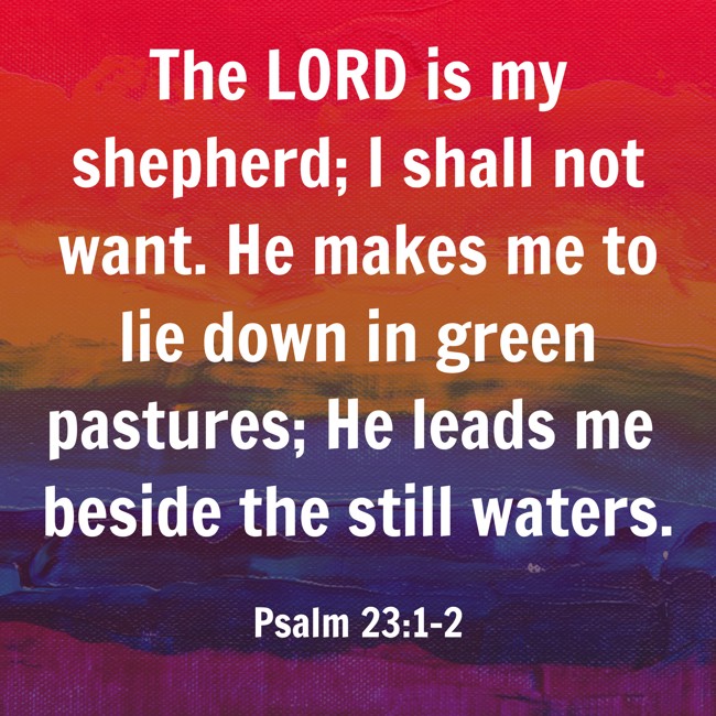 The LORD is my shepherd; I shall not want. He makes me to lie down in green pastures; He leads me beside the still waters. - Psalm 23:1-2