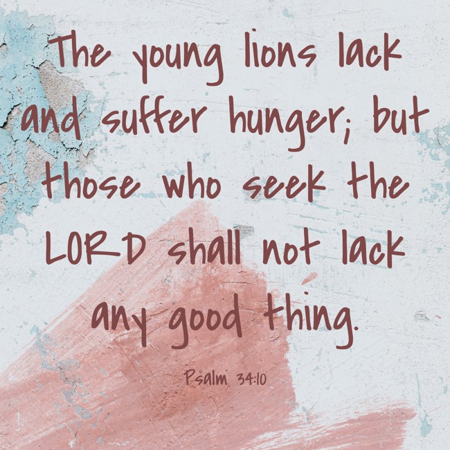 The young lions lack and suffer hunger; but those who seek the LORD shall not lack any good thing. - Psalm 34:10
