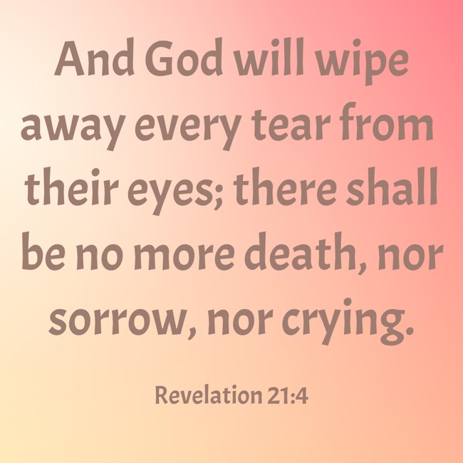 And God will wipe away every tear from their eyes; there shall be no more death, nor sorrow, nor crying. - Revelation 21:4