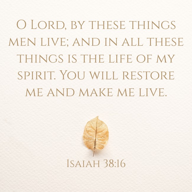 O Lord, by these things men live; and in all these things is the life of my spirit. You will restore me and make me live. - Isaiah 38:16