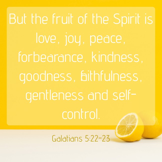But the fruit of the Spirit is love, joy, peace, forbearance, kindness, goodness, faithfulness, gentleness and self-control. - Galatians 5:22-23