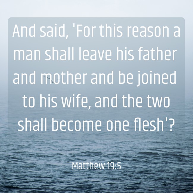 And said, 'For this reason a man shall leave his father and mother and be joined to his wife, and the two shall become one flesh'? - Matthew 19:5