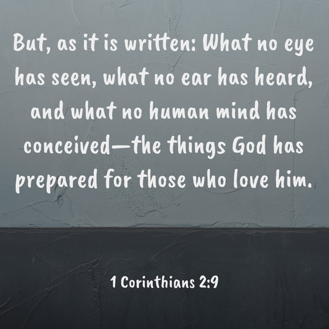 But, as it is written: What no eye has seen, what no ear has heard, and what no human mind has conceived—the things God has prepared for those who love him. - 1 Corinthians 2:9
