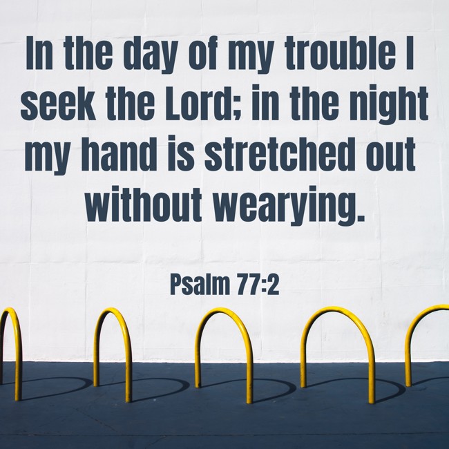 In the day of my trouble I seek the Lord; in the night my hand is stretched out without wearying. - Psalm 77:2