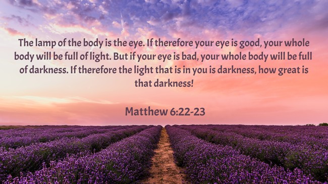 The lamp of the body is the eye. If therefore your eye is good, your whole body will be full of light. But if your eye is bad, your whole body will be full of darkness. If therefore the light that is in you is darkness, how great is that darkness! - Matthew 6:22-23