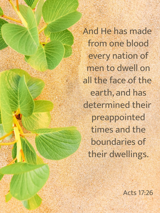 And He has made from one blood every nation of men to dwell on all the face of the earth, and has determined their preappointed times and the boundaries of their dwellings. - Acts 17:26