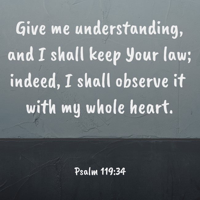 Give me understanding, and I shall keep Your law; indeed, I shall observe it with my whole heart. - Psalm 119:34