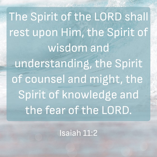 The Spirit of the LORD shall rest upon Him, the Spirit of wisdom and understanding, the Spirit of counsel and might, the Spirit of knowledge and the fear of the LORD. - Isaiah 11:2