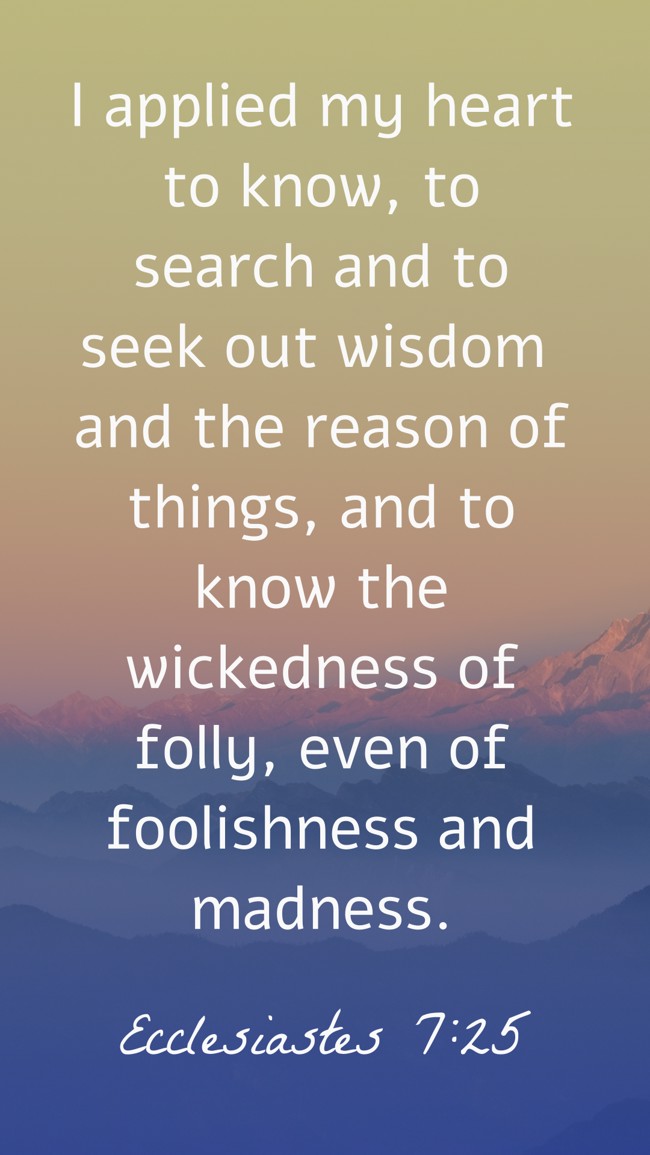 I applied my heart to know, to search and to seek out wisdom and the reason of things, and to know the wickedness of folly, even of foolishness and madness. - Ecclesiastes 7:25
