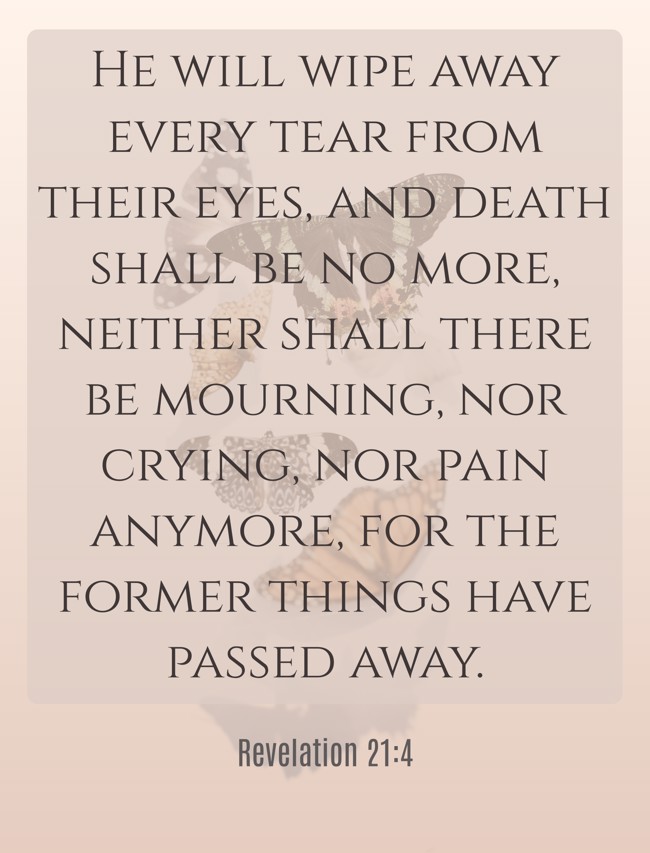He will wipe away every tear from their eyes, and death shall be no more, neither shall there be mourning, nor crying, nor pain anymore, for the former things have passed away. - Revelation 21:4