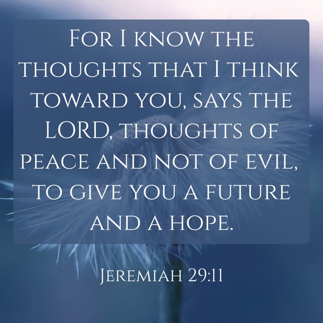 For I know the thoughts that I think toward you, says the LORD, thoughts of peace and not of evil, to give you a future and a hope. - Jeremiah 29:11