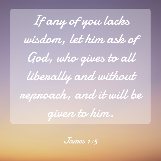 If any of you lacks wisdom, let him ask of God, who gives to all liberally and without reproach, and it will be given to him. - James 1:5