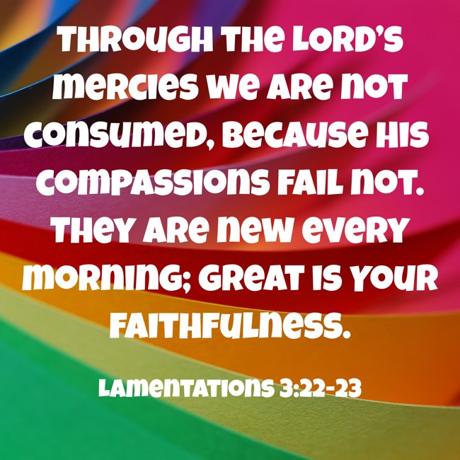 Through the LORD’s mercies we are not consumed, because His compassions fail not. They are new every morning; great is Your faithfulness. - Lamentations 3:22-23