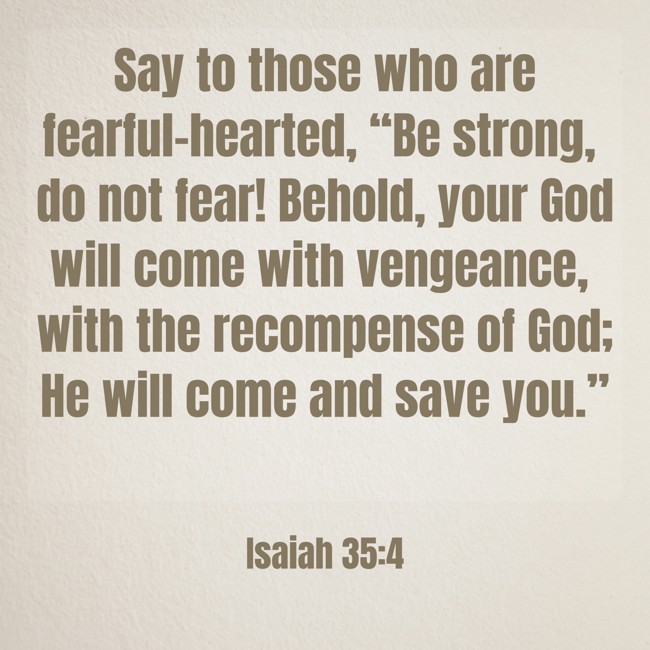 Say to those who are fearful-hearted, “Be strong, do not fear! Behold, your God will come with vengeance, with the recompense of God; He will come and save you.” - Isaiah 35:4