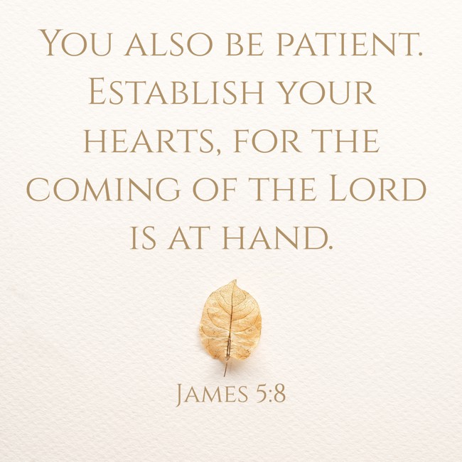 You also be patient. Establish your hearts, for the coming of the Lord is at hand. - James 5:8