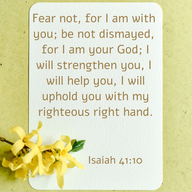 Fear not, for I am with you; be not dismayed, for I am your God; I will strengthen you, I will help you, I will uphold you with my righteous right hand. - Isaiah 41:10