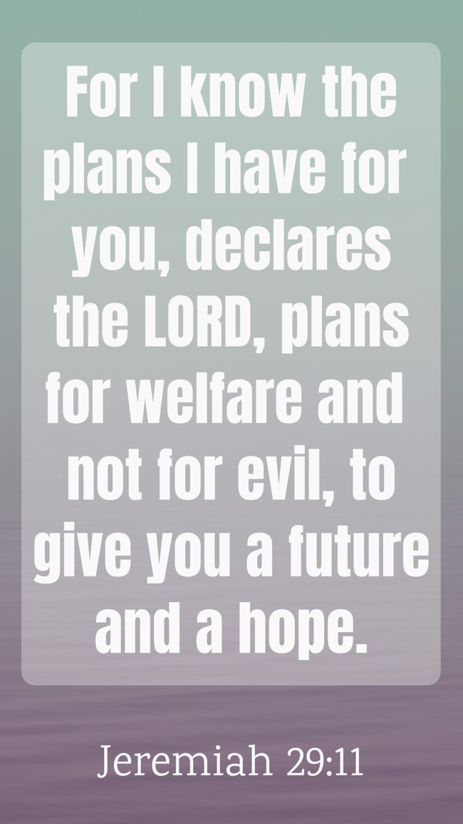 For I know the plans I have for you, declares the LORD, plans for welfare and not for evil, to give you a future and a hope. - Jeremiah 29:11