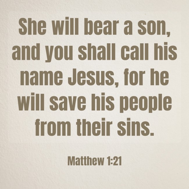 She will bear a son, and you shall call his name Jesus, for he will save his people from their sins. - Matthew 1:21