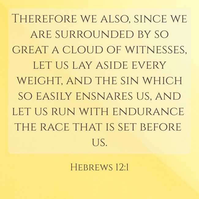 Therefore we also, since we are surrounded by so great a cloud of witnesses, let us lay aside every weight, and the sin which so easily ensnares us, and let us run with endurance the race that is set before us. - Hebrews 12:1