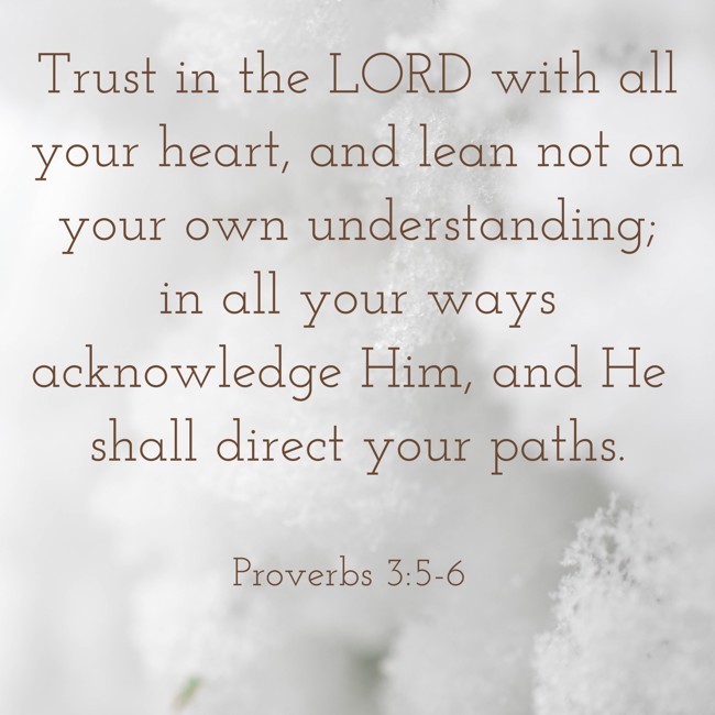 Trust in the LORD with all your heart, and lean not on your own understanding; in all your ways acknowledge Him, and He shall direct your paths. - Proverbs 3:5-6
