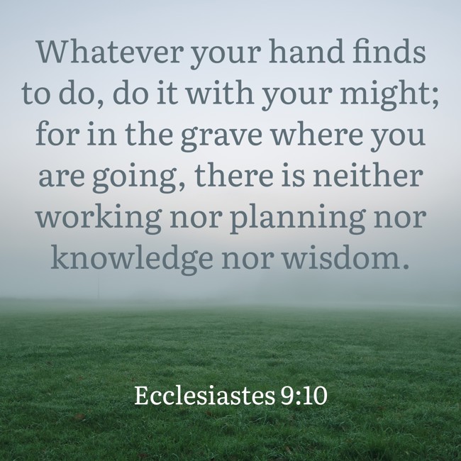 Whatever your hand finds to do, do it with your might; for in the grave where you are going, there is neither working nor planning nor knowledge nor wisdom. - Ecclesiastes 9:10