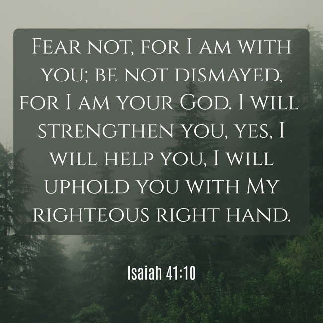 Fear not, for I am with you; be not dismayed, for I am your God. I will strengthen you, yes, I will help you, I will uphold you with My righteous right hand. - Isaiah 41:10