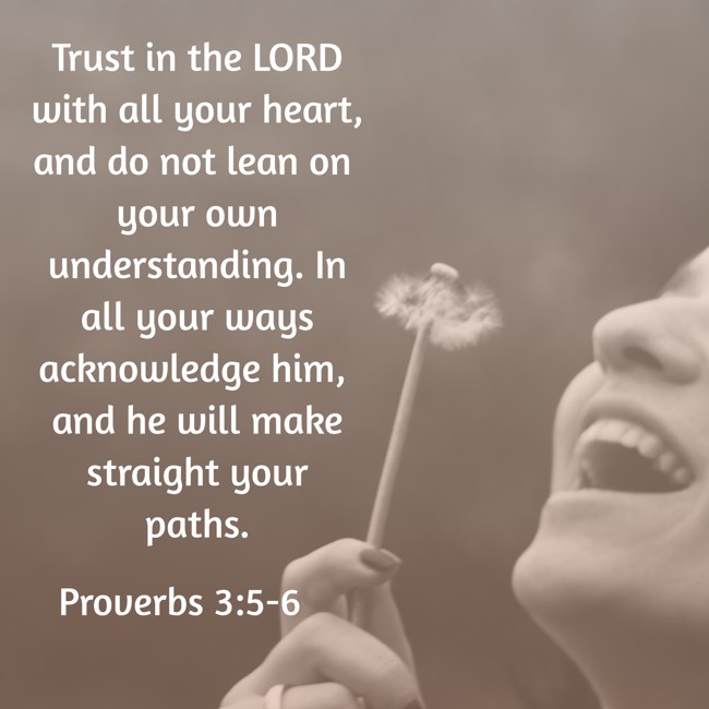 Trust in the LORD with all your heart, and do not lean on your own understanding. In all your ways acknowledge him, and he will make straight your paths. - Proverbs 3:5-6