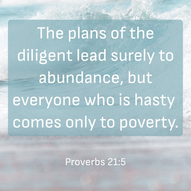 The plans of the diligent lead surely to abundance, but everyone who is hasty comes only to poverty. - Proverbs 21:5