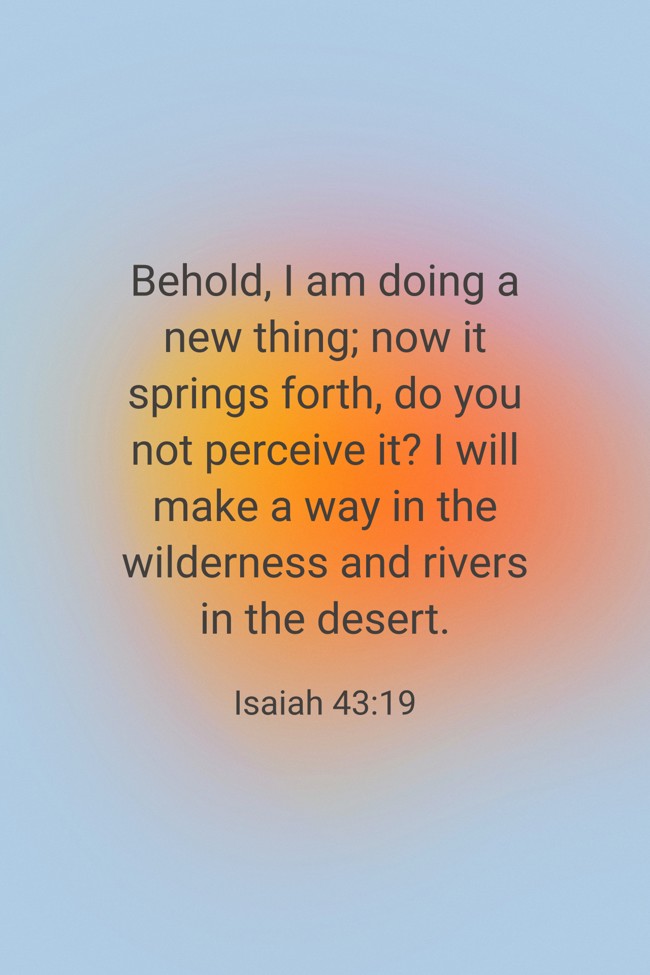 Behold, I am doing a new thing; now it springs forth, do you not perceive it? I will make a way in the wilderness and rivers in the desert. - Isaiah 43:19
