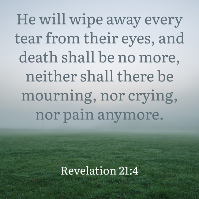 He will wipe away every tear from their eyes, and death shall be no more, neither shall there be mourning, nor crying, nor pain anymore. - Revelation 21:4