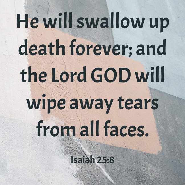 He will swallow up death forever; and the Lord GOD will wipe away tears from all faces. - Isaiah 25:8